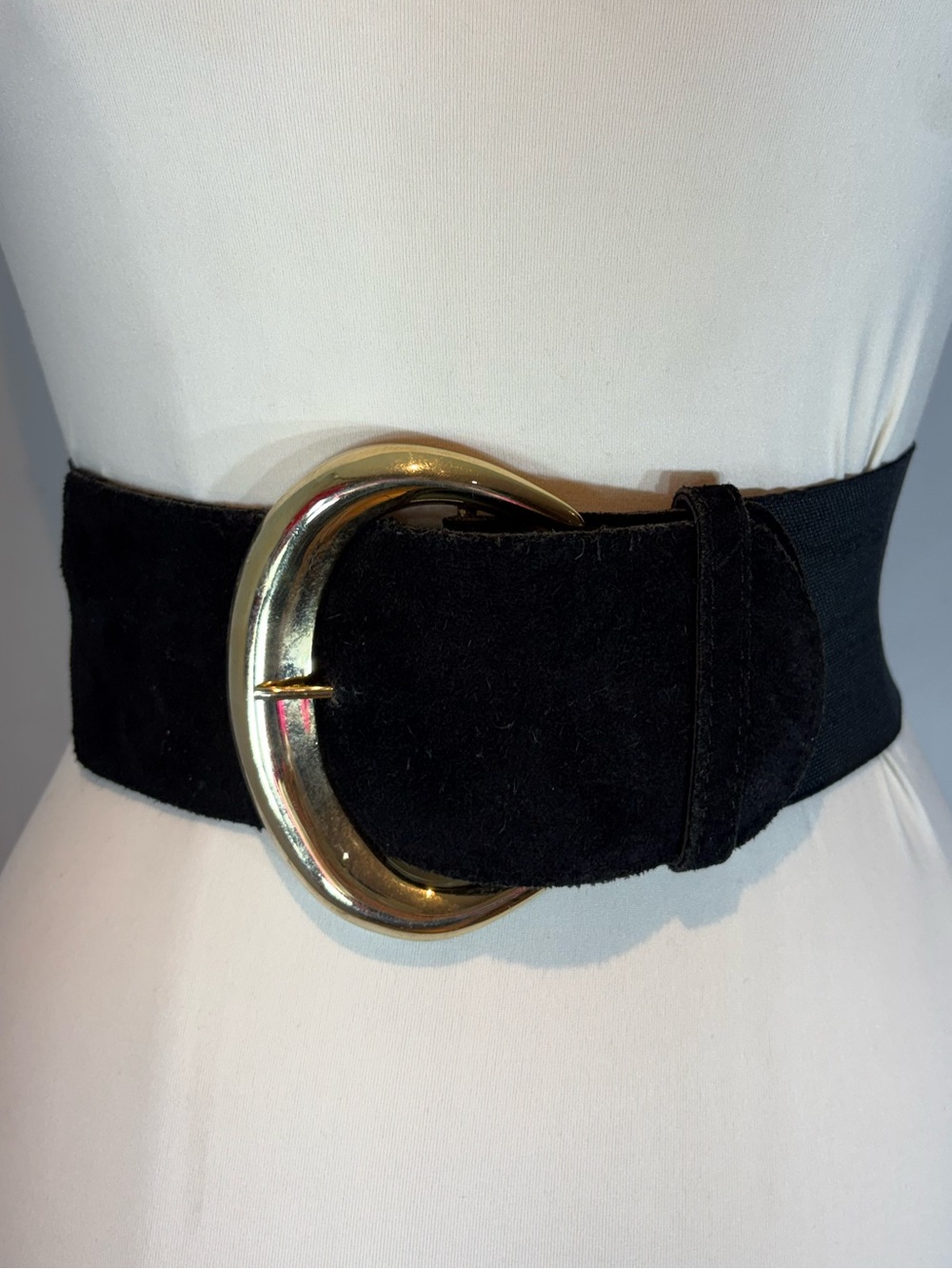 Vintage Black Suede & Elastic Wide Waist Belt Goldtone Buckle Medium